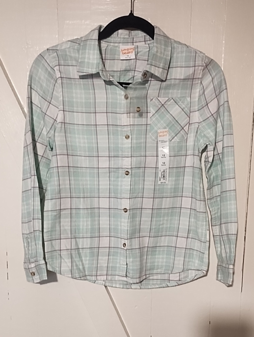 Jumping Beans NWT Size 12 Girls' Mint Plaid Button-Up Shirt.